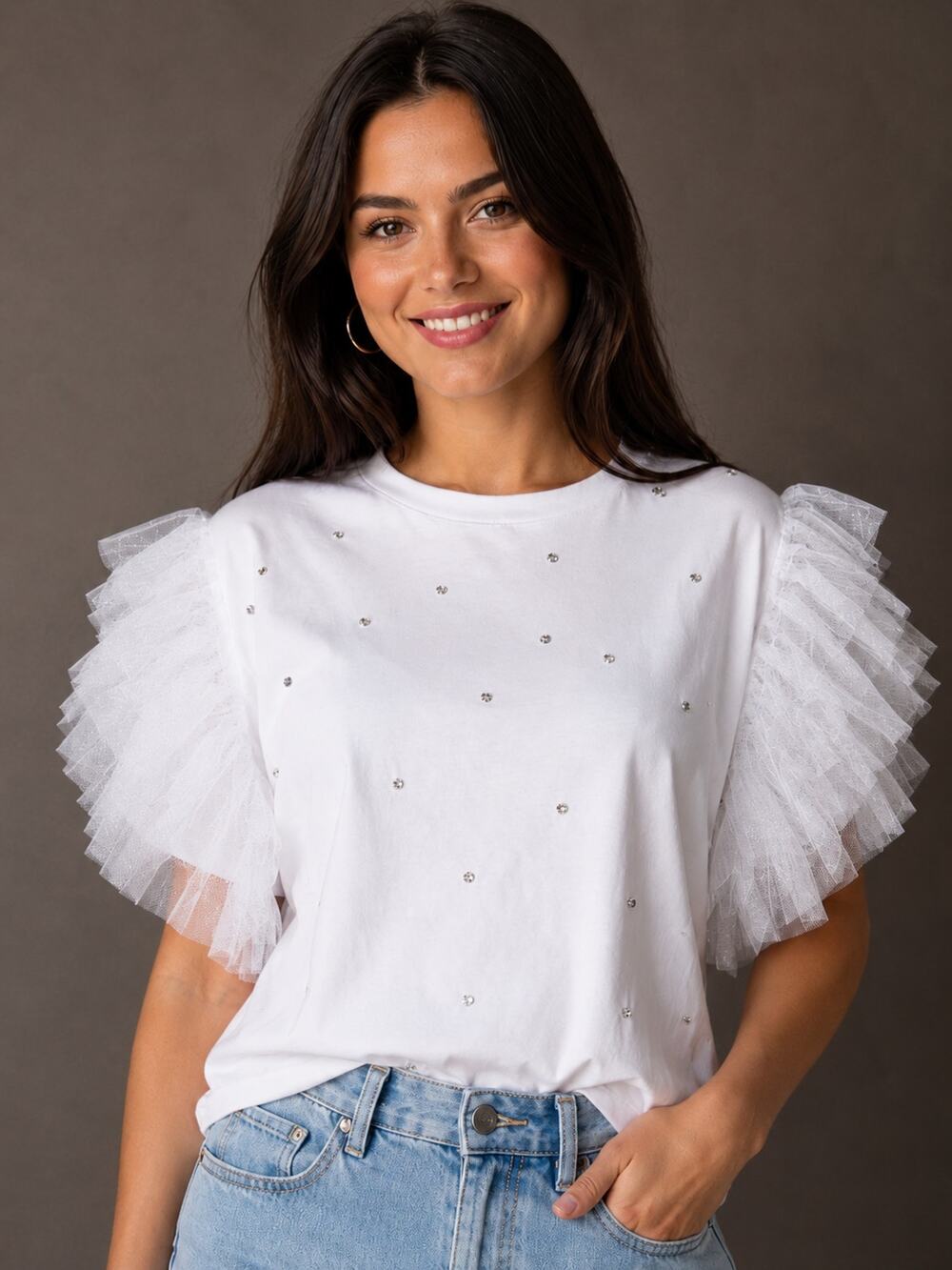 Flying Tomato White Rhinestone Tulle Ruffle Sleeve Top Fairycore Coquette Size S